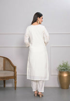 White Viscose Silk Embroidery with Thread and sequence Stitched Suit With Dupatta - Tanisha | Grocsy