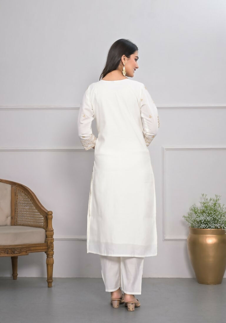 White Viscose Silk Embroidery with Thread and sequence Stitched Suit With Dupatta - Tanisha | Grocsy