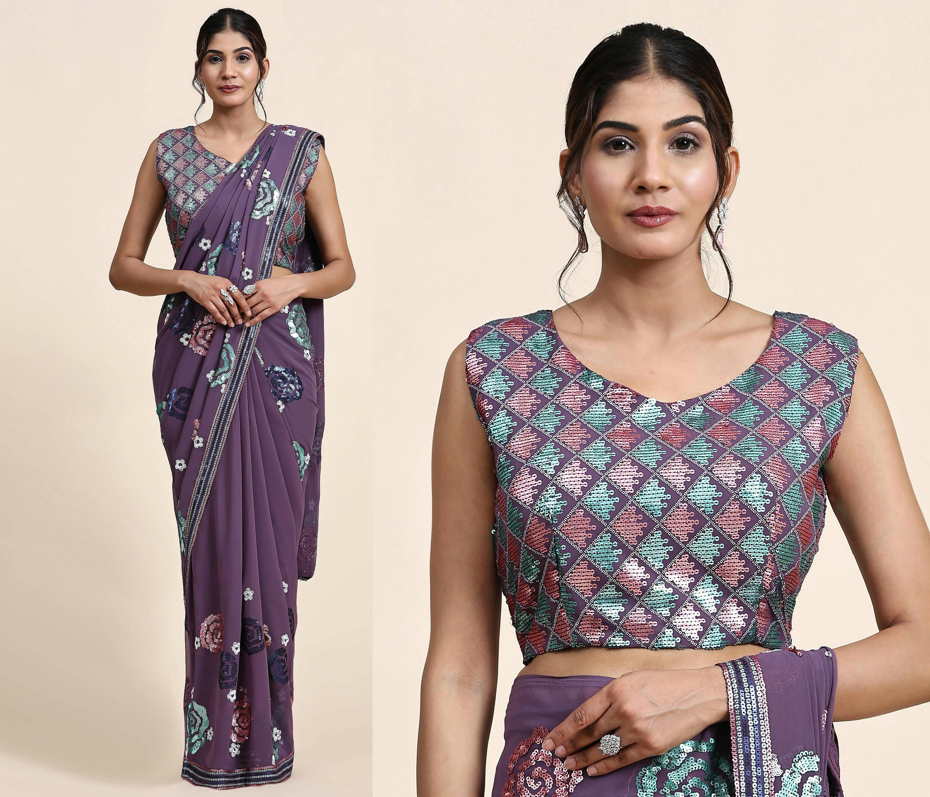 Purple Pure Georgette Sequence work Ready to wear Saree with stitched Blouse - Nirvana | Grocsy