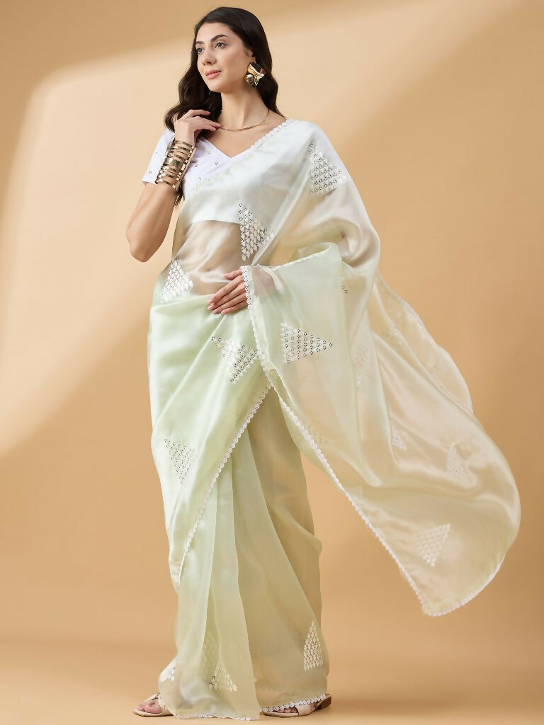 Green Tissue Slub Embroidered Saree with Unstitched Blouse - Vairagi | Grocsy