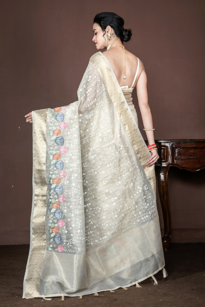 Morchari Beige Banarasi Tissue Computer Embroidery Saree Unstitched Blouse | Grocsy