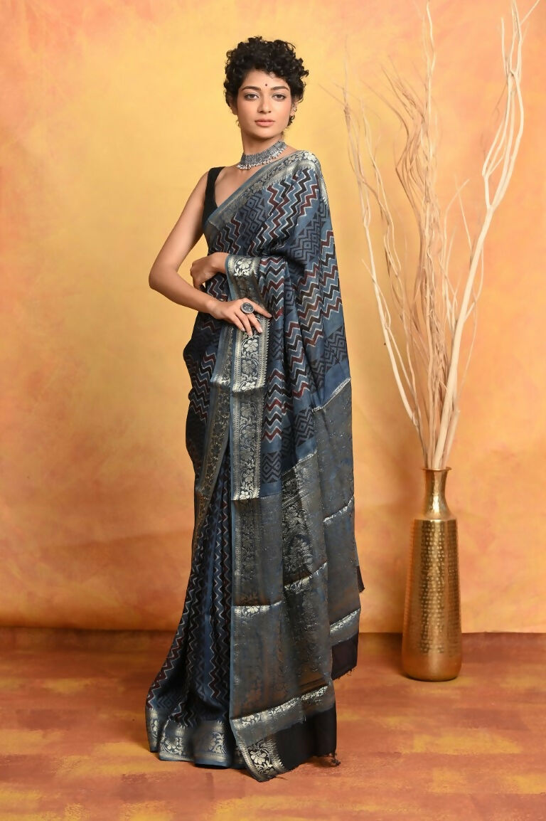 Very Much Indian Modal Silk Ajrakh Handblock Printed Natural Dyes With Designer Border Saree - Grey | Grocsy