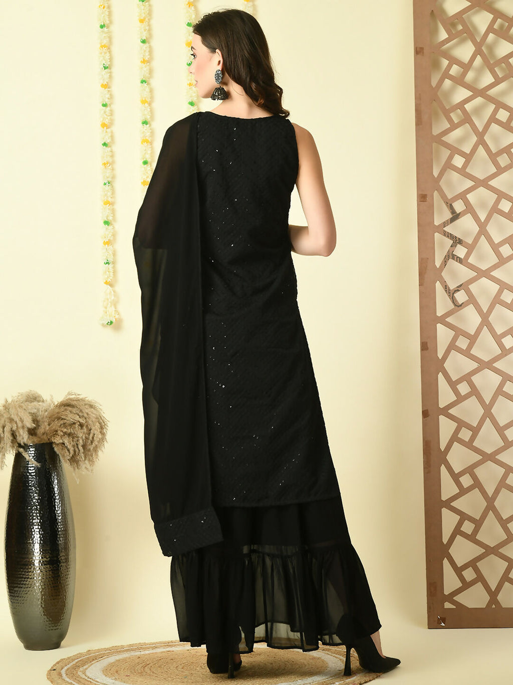 Myshka Women's Black Georgette Kurta & Skirt With Dupatta Party Sets | Grocsy
