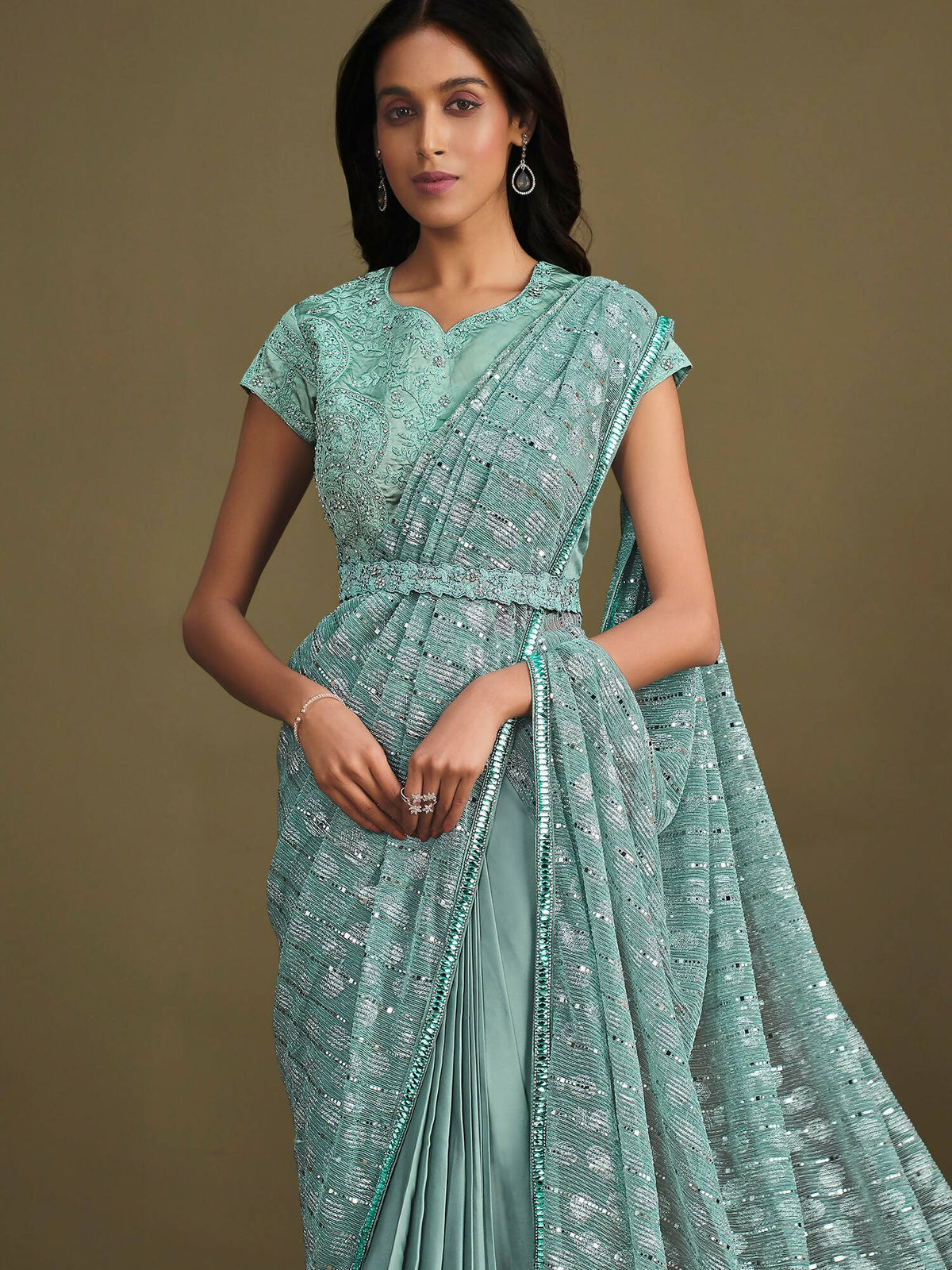 Light Blue Crepe Silk Sequence Embroidered With Texture Saree With Stitched Blouse - Mohmanthan La Belle | Grocsy