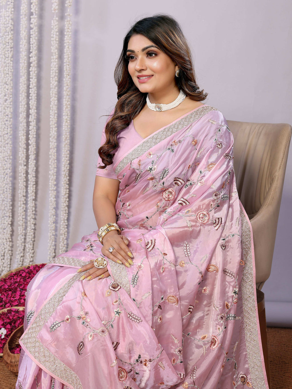 Pink Satin Silk Embroidered Saree With Stitched Blouse - Nimaya Kaksha | Grocsy