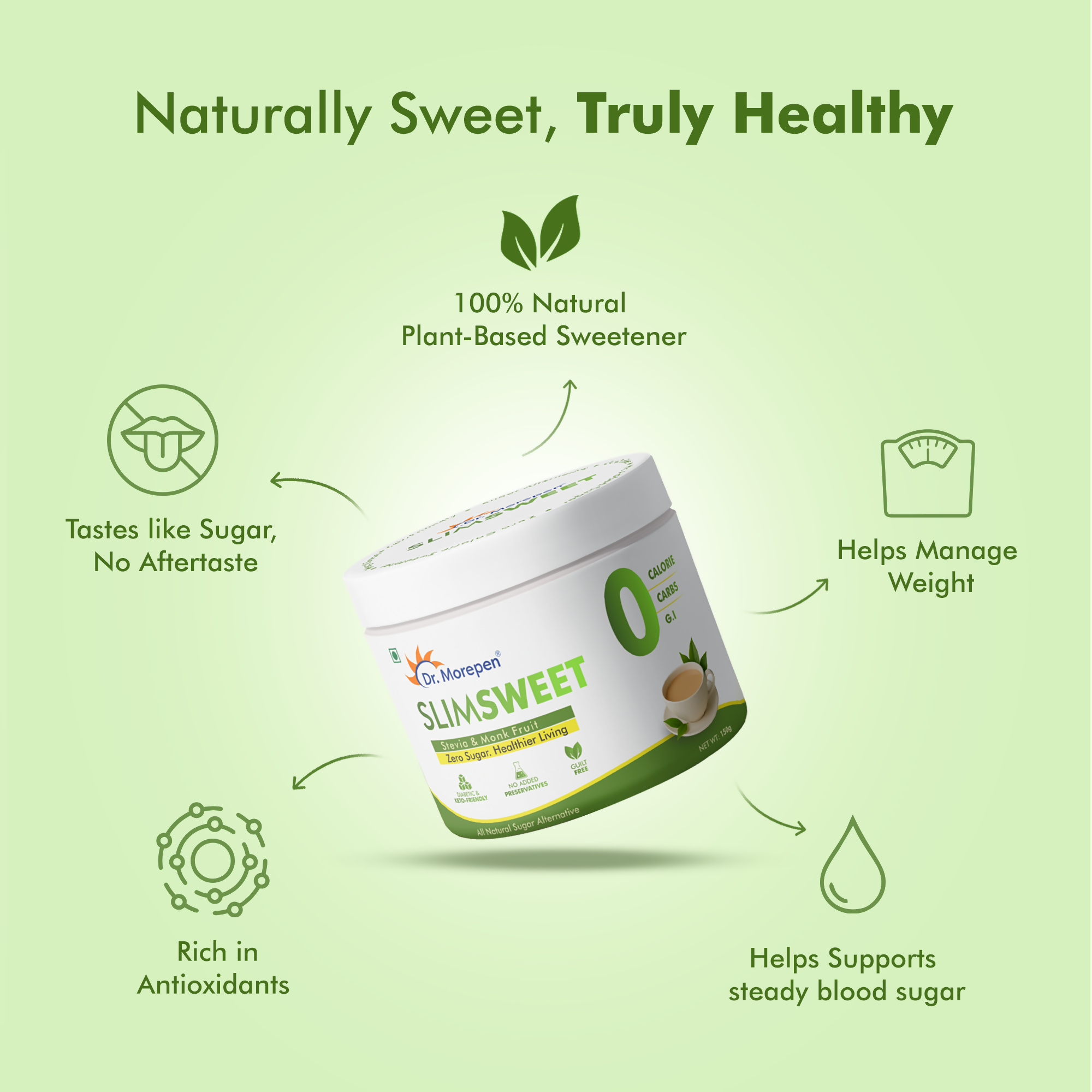 Dr. Morepen Slimsweet Natural Sugar Substitute with Stevia & Monk Fruit | Grocsy