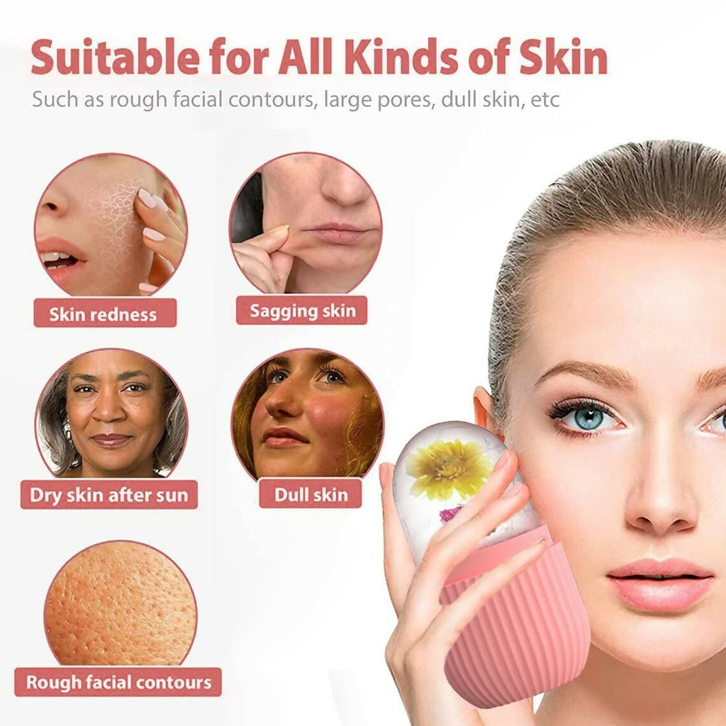 Ice Face Roller Silicone Facial Cube for Eyes Neck Massage Remove Dark Circle - Pink | Grocsy