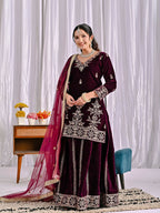 Joban Fashion Wine Velvet Sequence Embroidery Work Kurta Set | Grocsy