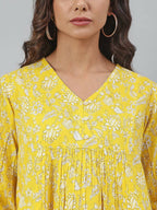 Janasya Women's Yellow Cotton Floral Print Flared Top | Grocsy