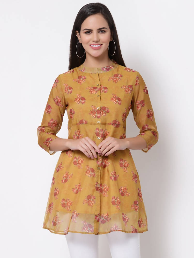 Myshka Women's Traditional Organza Printed Printed 3/4 Sleeve Round Neck Casual Multicolor Tunic | Grocsy