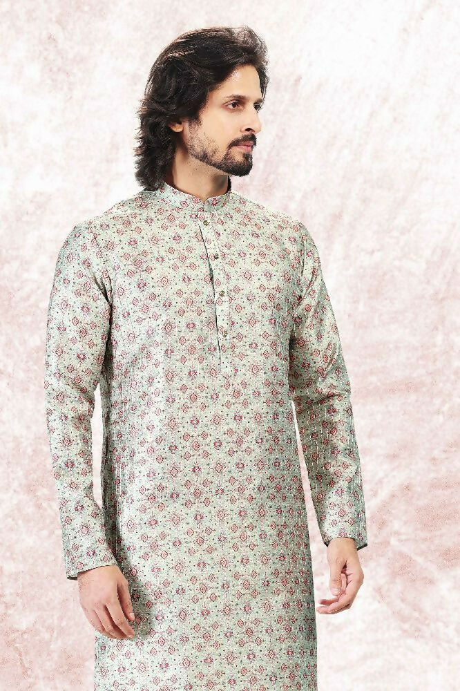Raivat Ethnic Jacquard Banarasi Silk Digital Print Kurta Pajama In Pista Green Colour | Grocsy
