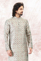 Raivat Ethnic Jacquard Banarasi Silk Digital Print Kurta Pajama In Pista Green Colour | Grocsy