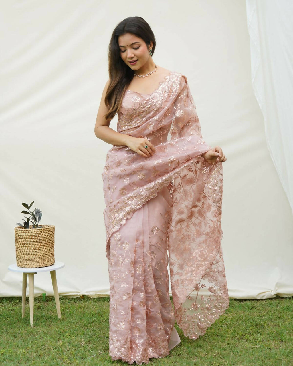 Vamsee Brown Organza Saree | Grocsy