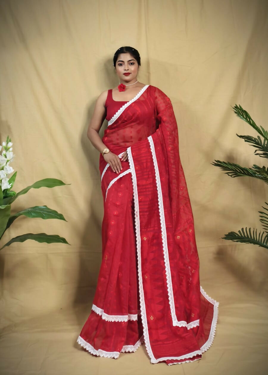 Exclusive Collection Beautiful Red Jaal Jamdani Saree | Grocsy