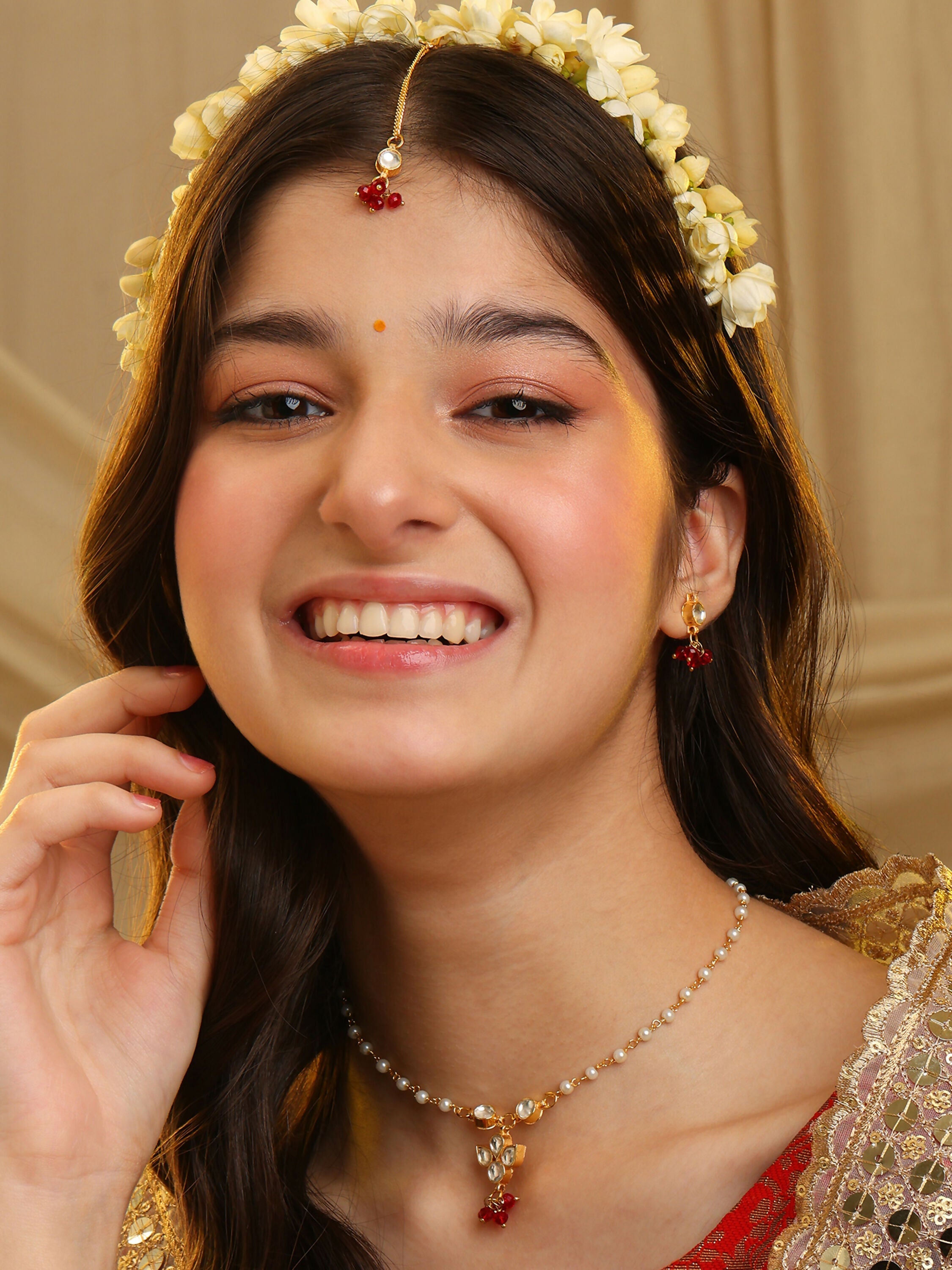Ruby Raang Maang Tikka With Necklace And Earrings Set | Grocsy