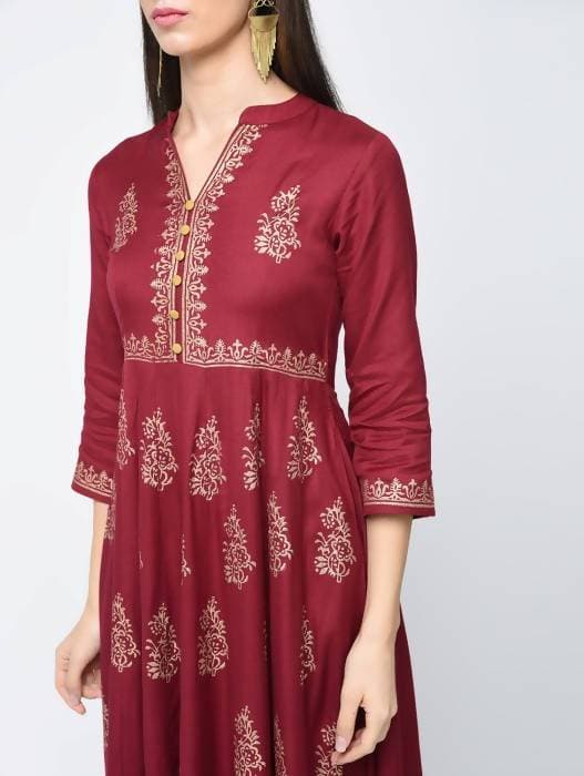 Aniyah Rayon Block Printed Anarkali Kurta In Maroon (AN-116A) | Grocsy