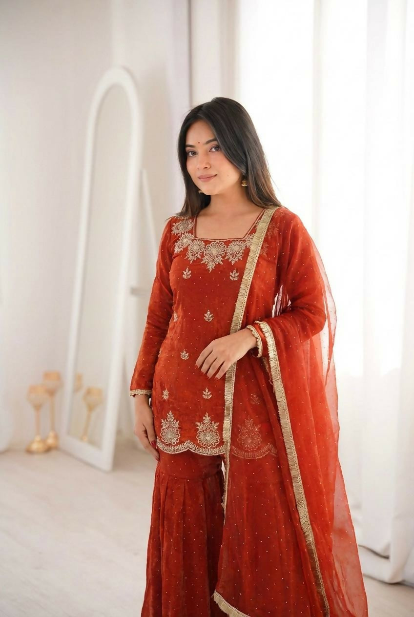 Teeya Creation Womens New Fancy Embroidery Sequence Work With Zarkan Diamond Work Orange Kurta Set | Grocsy