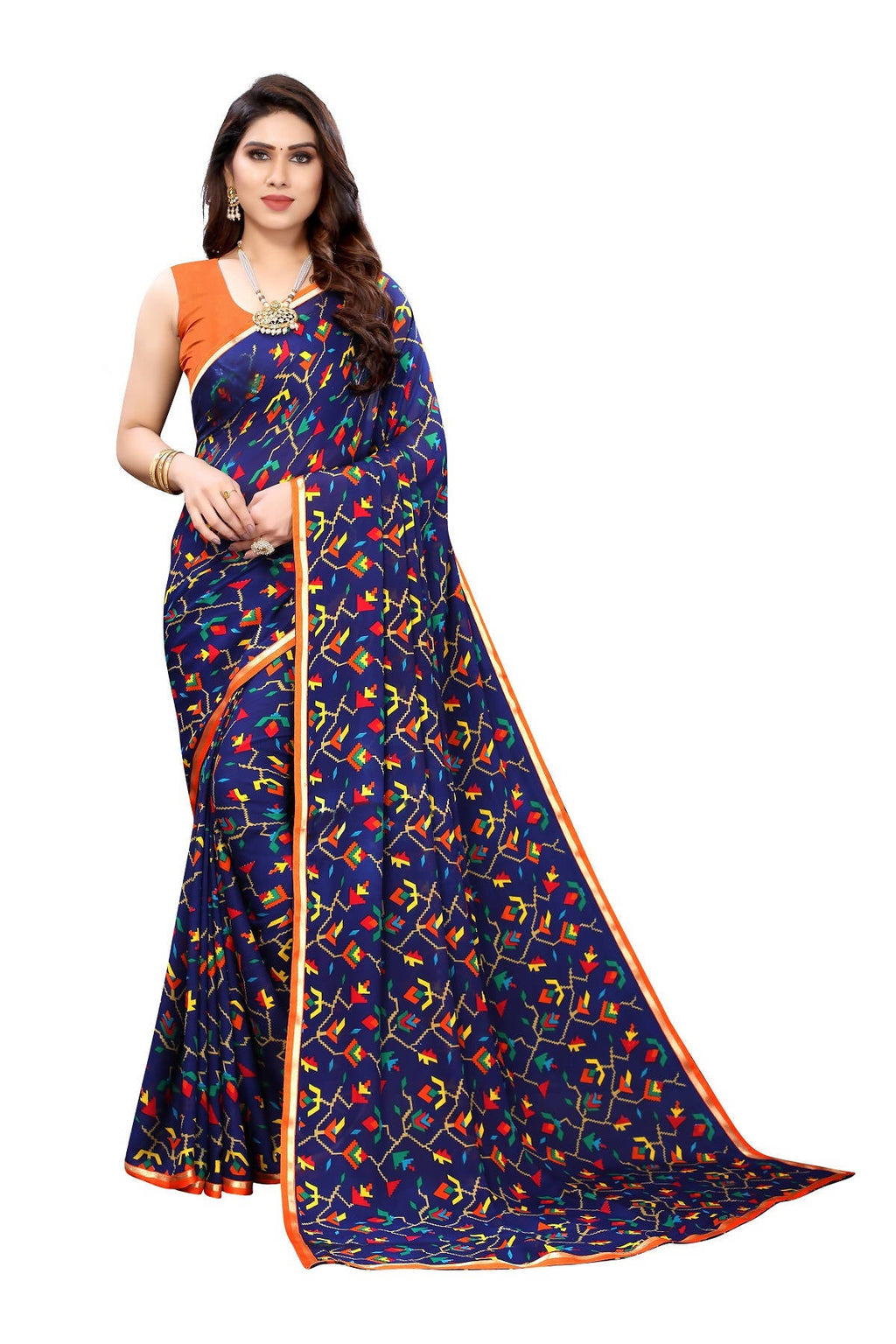 Vamika Ethnic Fire Blue Printed With Lace Saree | Grocsy