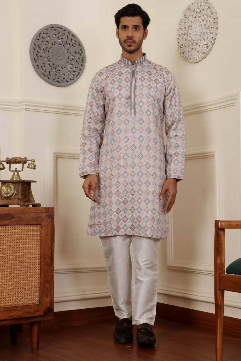 Cream Viscose Woven Jacquard Work Men's Rajwadi Kurta Set - Mahotsav | Grocsy