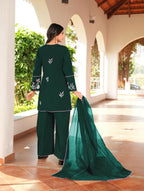 Nikhaar Dark Green Embroidered Art Silk Stitched Straight Cut Kurta Culottes Dupatta Readymade Suit | Grocsy