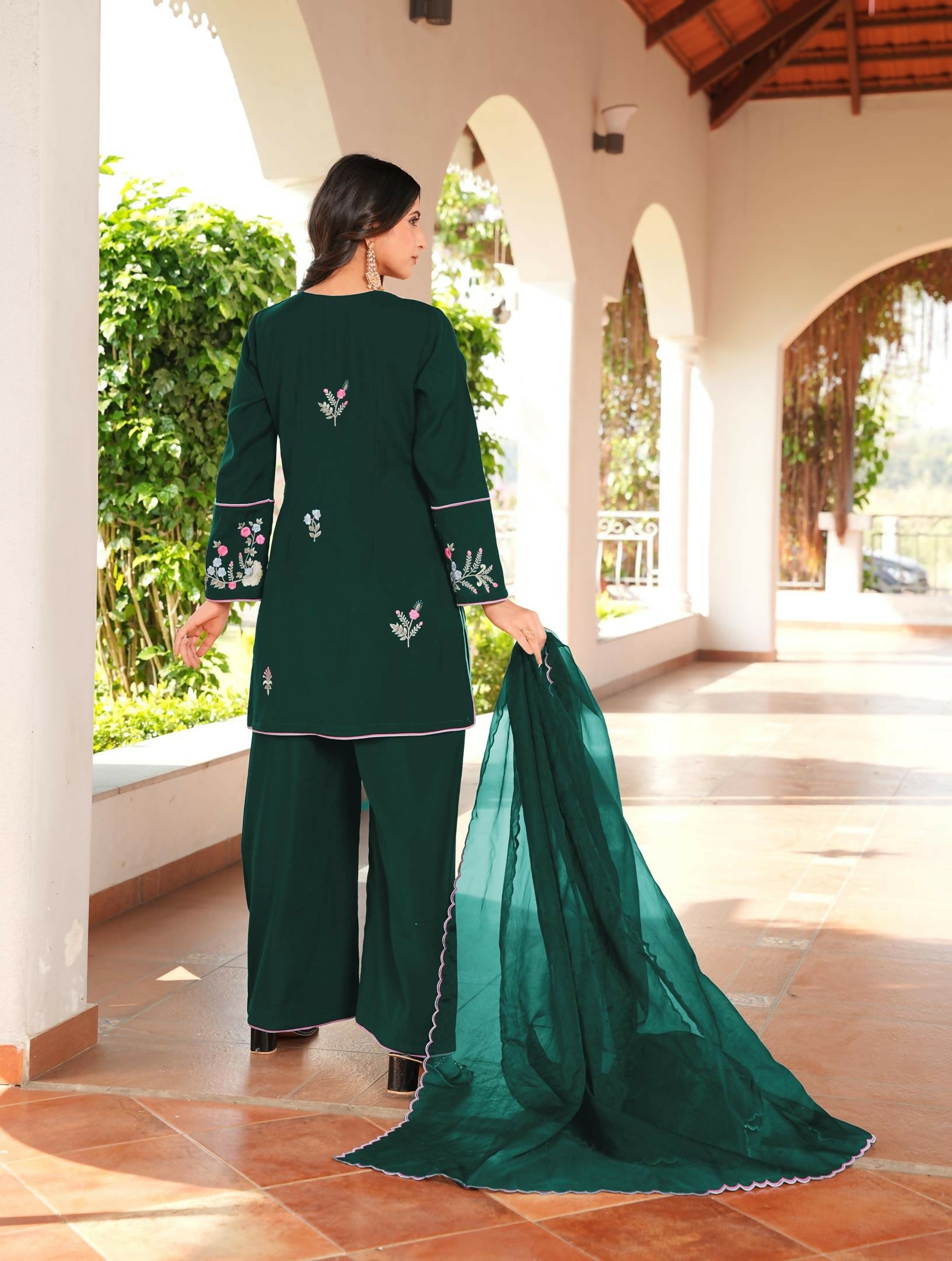 Nikhaar Dark Green Embroidered Art Silk Stitched Straight Cut Kurta Culottes Dupatta Readymade Suit | Grocsy