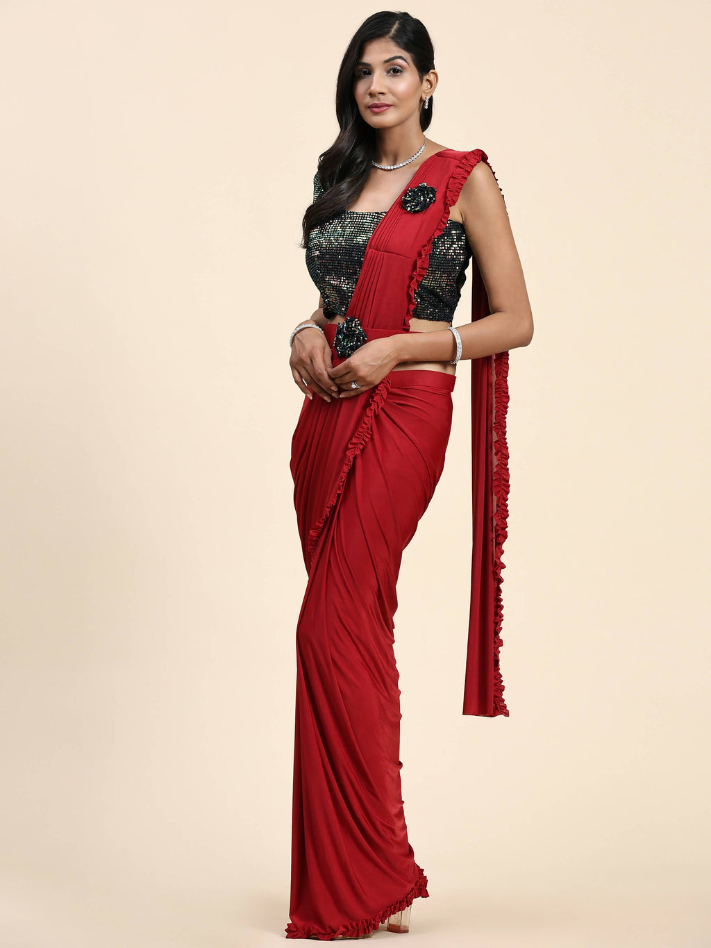 Red Imported Fabric Plain Ready to wear Saree with stitched Blouse - Vrinda | Grocsy