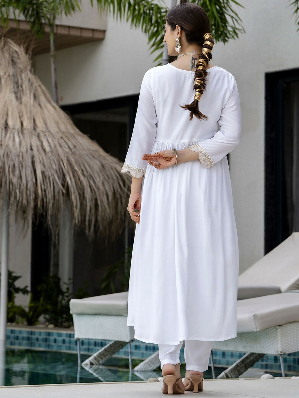 The52 White Women's Gorgeous Embroidered Chanderi Fabric Straight Kurta, Pant and Dupatta Set | Grocsy