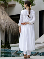 The52 White Women's Gorgeous Embroidered Chanderi Fabric Straight Kurta, Pant and Dupatta Set | Grocsy