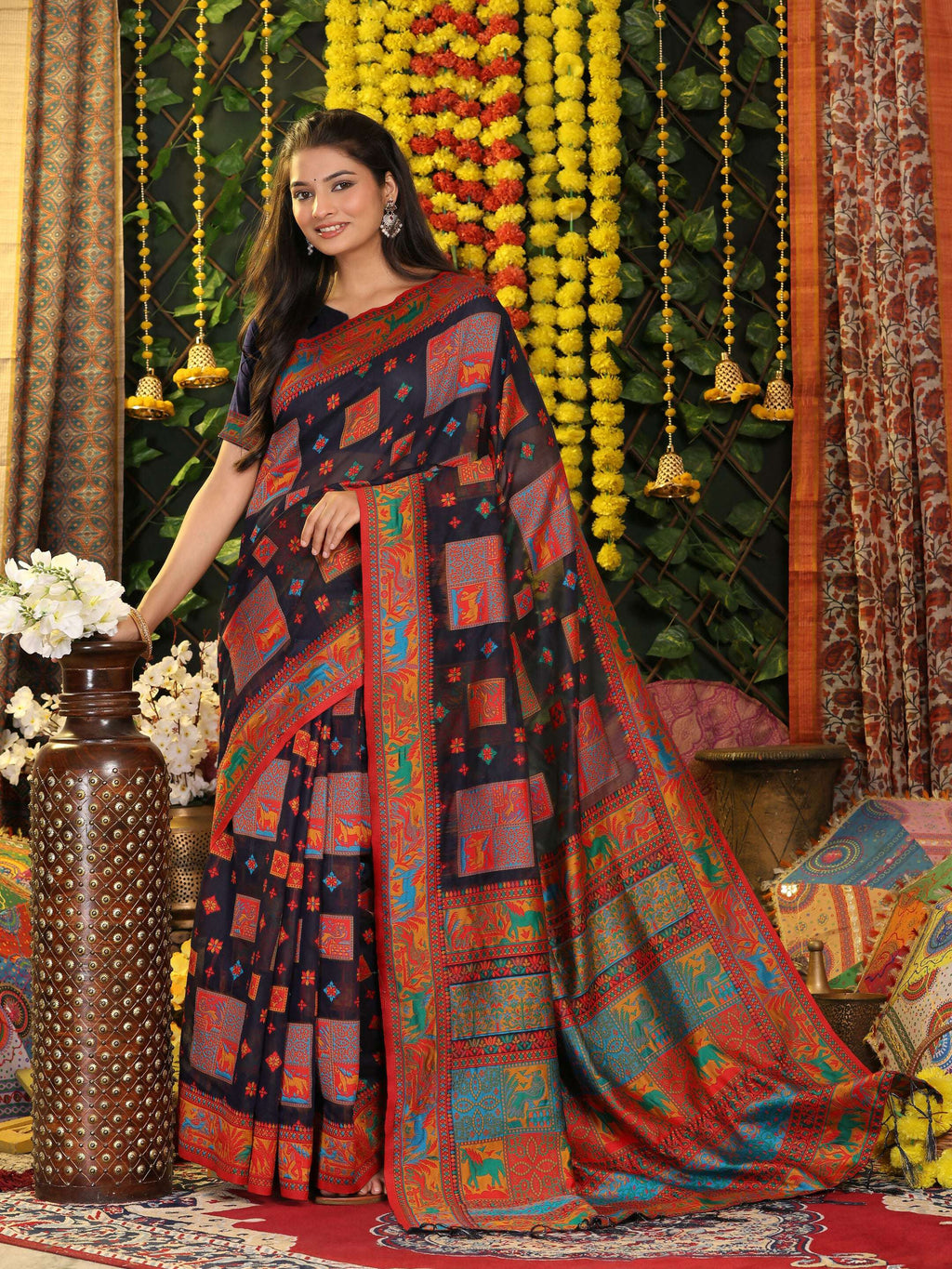 Shree Shyam Fashion Linen Cotton Navy Blue Saree | Grocsy