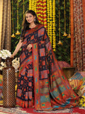 Shree Shyam Fashion Linen Cotton Navy Blue Saree | Grocsy