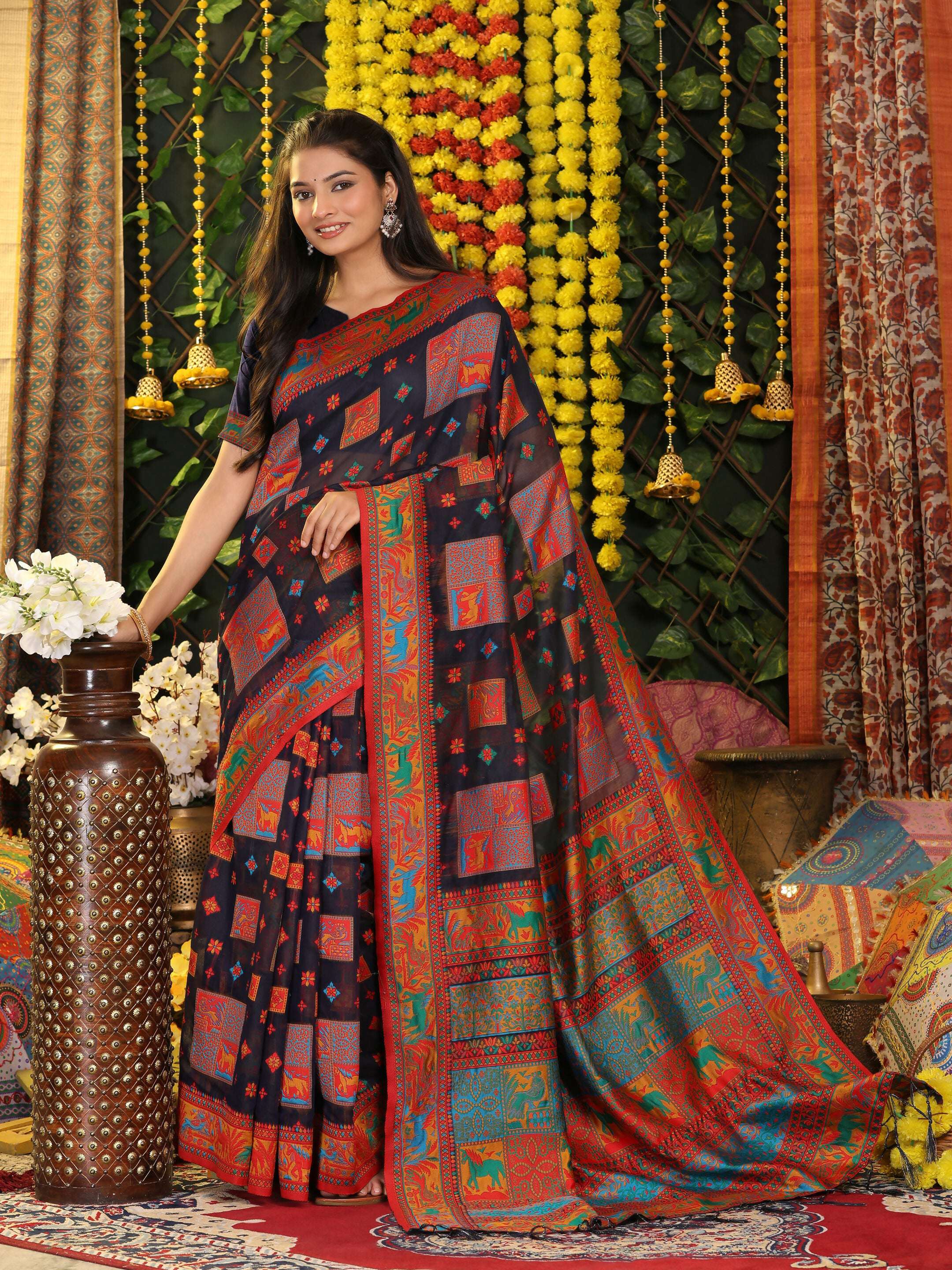 Shree Shyam Fashion Linen Cotton Navy Blue Saree | Grocsy