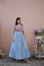 Jyoti Fashion Women's Grey Printed with Sequins Faux Georgette Anarkali Dress | Grocsy