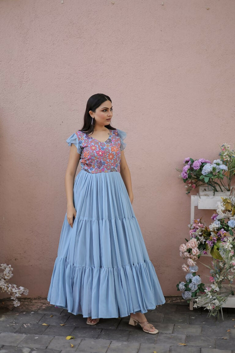Jyoti Fashion Women's Grey Printed with Sequins Faux Georgette Anarkali Dress | Grocsy