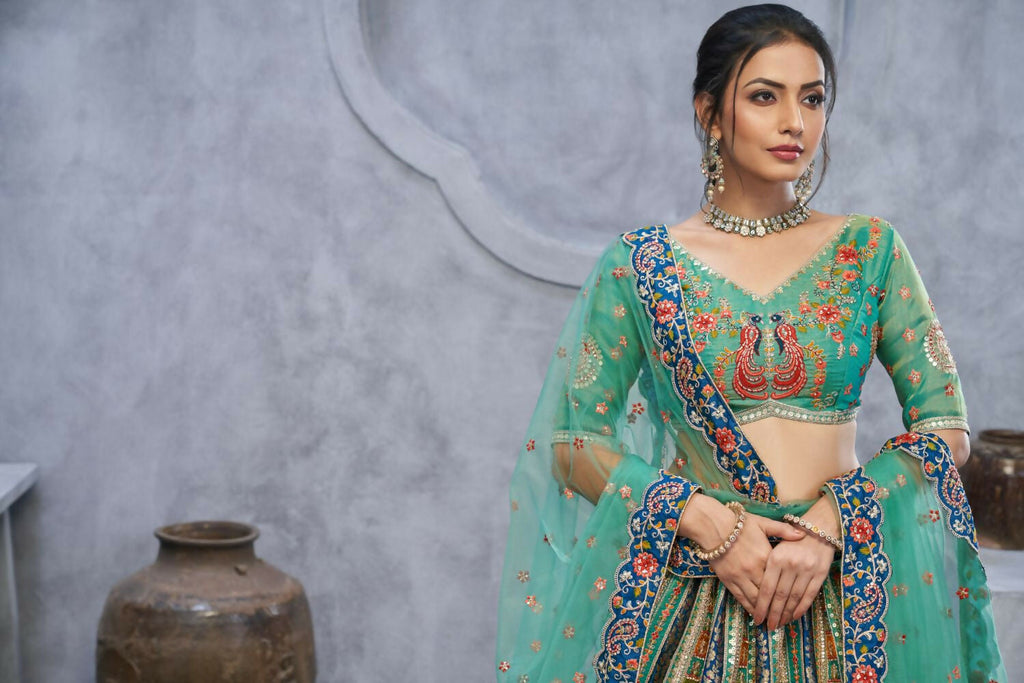 Kesar Fab Green Organza Embroidered Lehenga | Grocsy