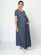 Manet Half Sleeves Maternity Dress White Striped With Concealed Zipper Nursing Access - Navy | Grocsy