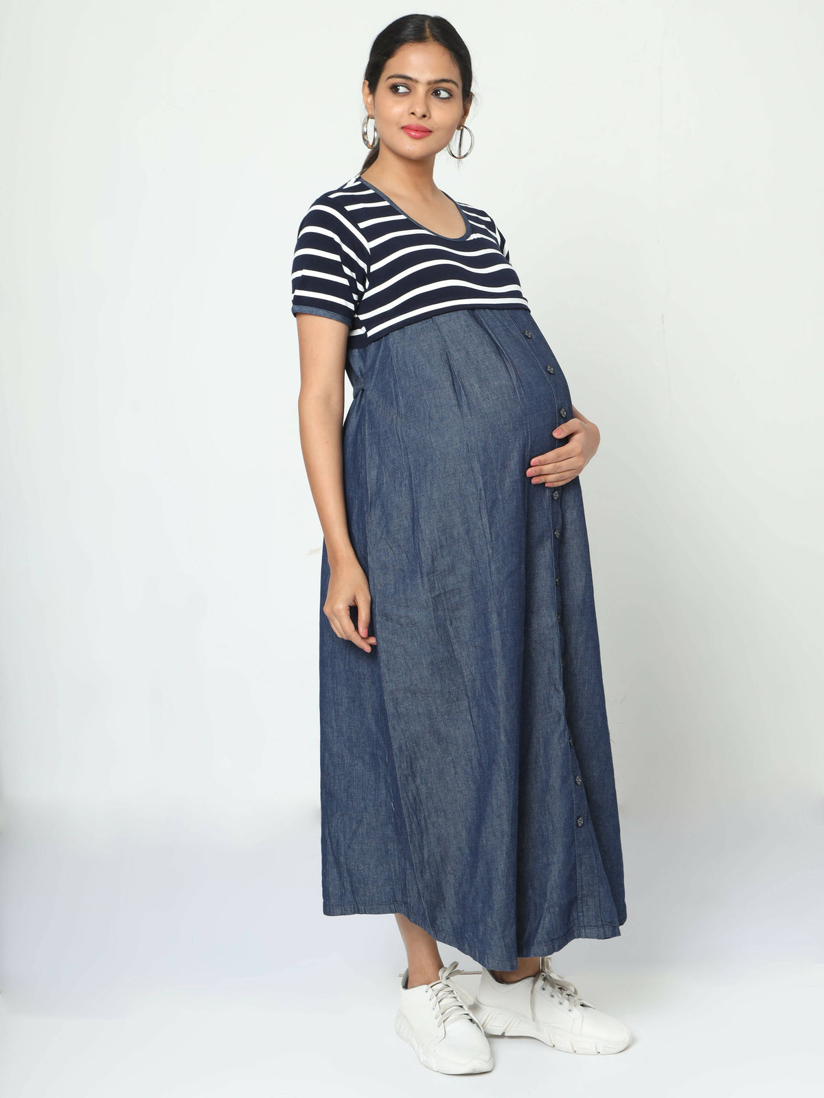 Manet Half Sleeves Maternity Dress White Striped With Concealed Zipper Nursing Access - Navy | Grocsy