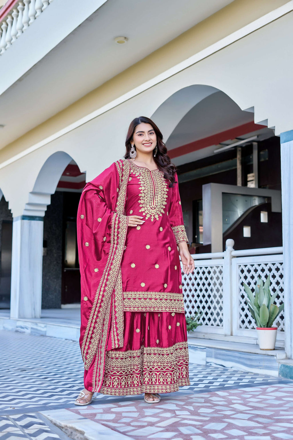 Teeya Creation Pink Color Chinon Silk Heavy Embroidery Work Wedding Wear Sharara | Grocsy