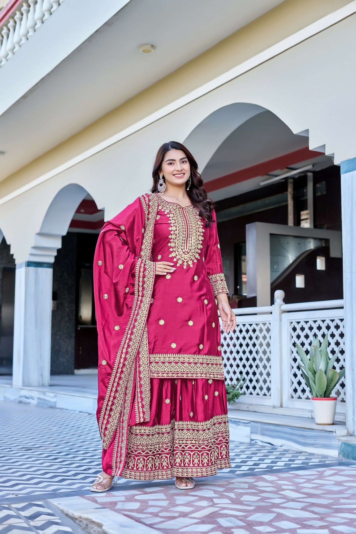 Teeya Creation Pink Color Chinon Silk Heavy Embroidery Work Wedding Wear Sharara | Grocsy