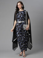 Ahalyaa Women's Black Crepe Digital Print Top Skirt With Shrug | Grocsy