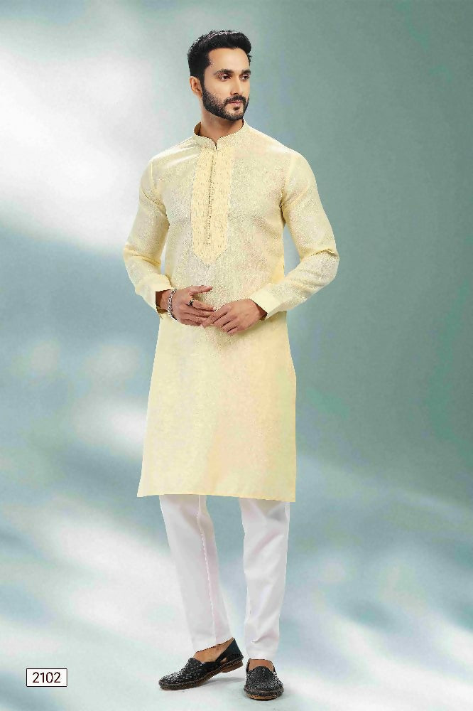 Raivat Ethnic Linen Cotton Pintux Work Kurta Pajama In Yellow Colour | Grocsy