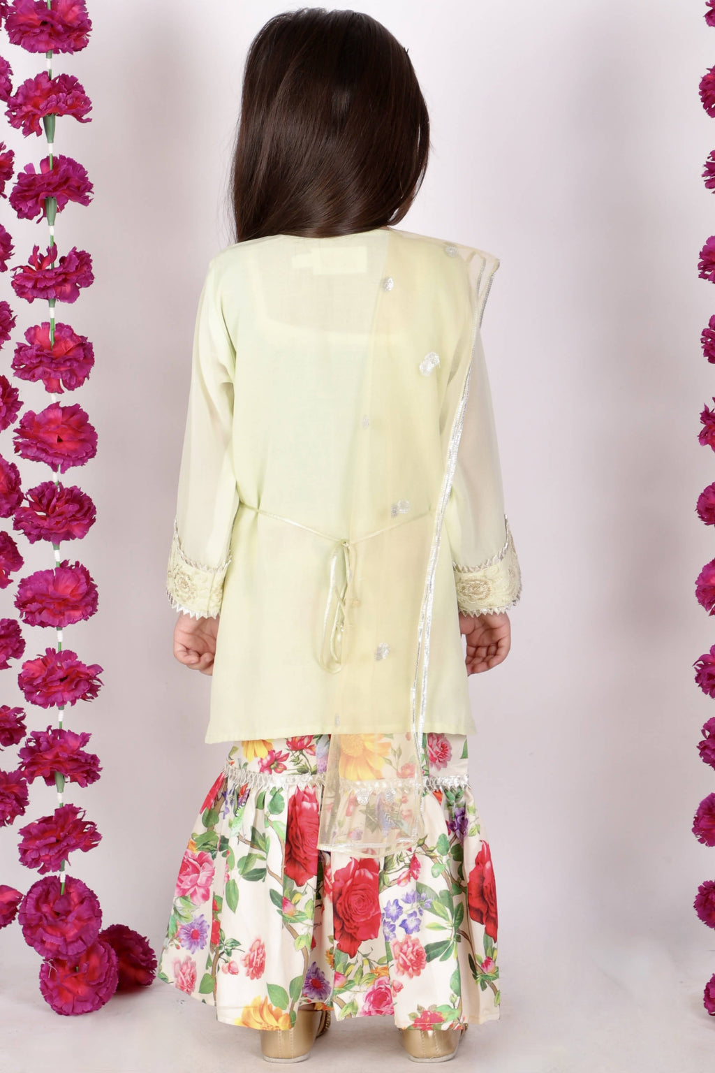 Little Bansi Girls Green & yellow Embrodiery Kurta with Floral Sharara | Grocsy