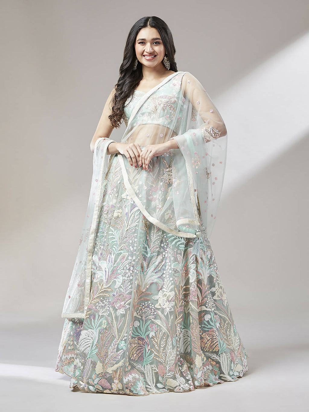House of Panchhi Lime Green Net Sequinse Work Lehenga & Blouse with Dupatta | Grocsy
