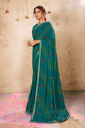 Teal Georgette Bandhni Printed Saree With Unstitched Blouse Piece - Shanaya | Grocsy