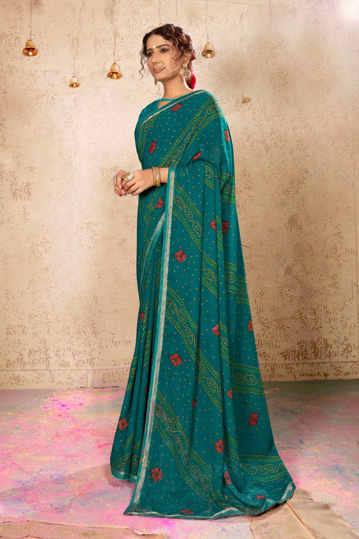 Teal Georgette Bandhni Printed Saree With Unstitched Blouse Piece - Shanaya | Grocsy