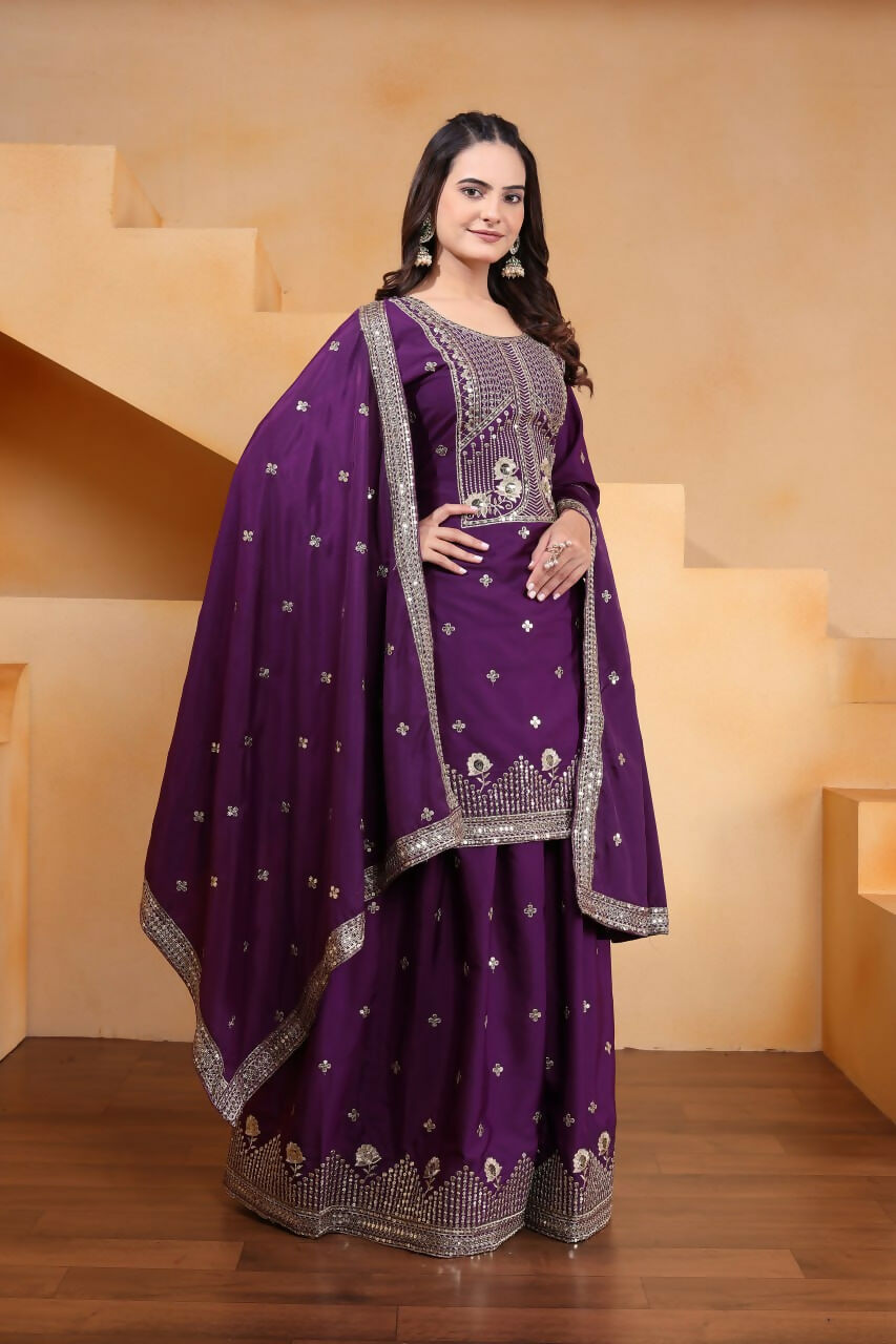 Joban Fashion Wine Crepe Embroidered Sharara Set | Grocsy
