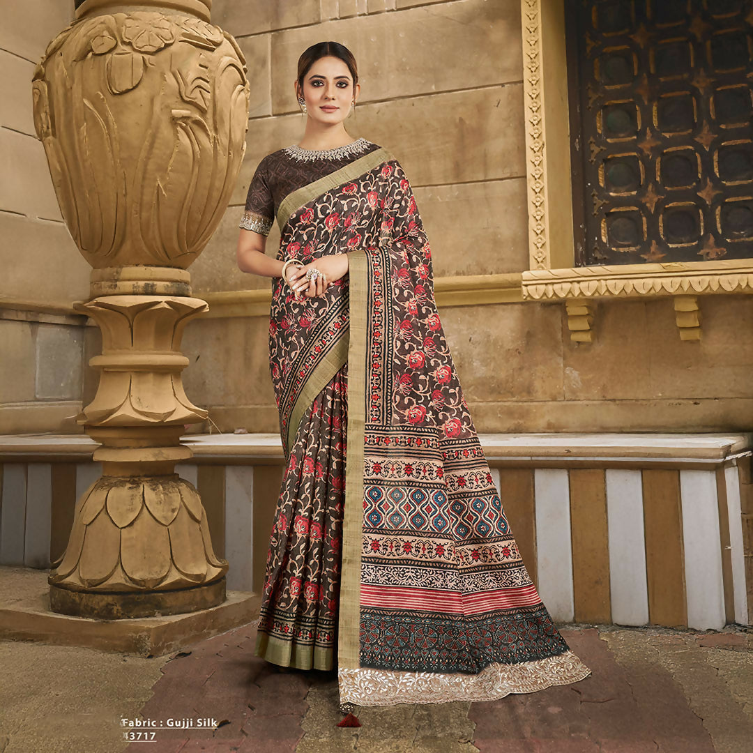 Brown Gajji Silk Floral Print With Hand Work & Stone Work Border Saree With Unstitched Blouse - Norita Gajri | Grocsy