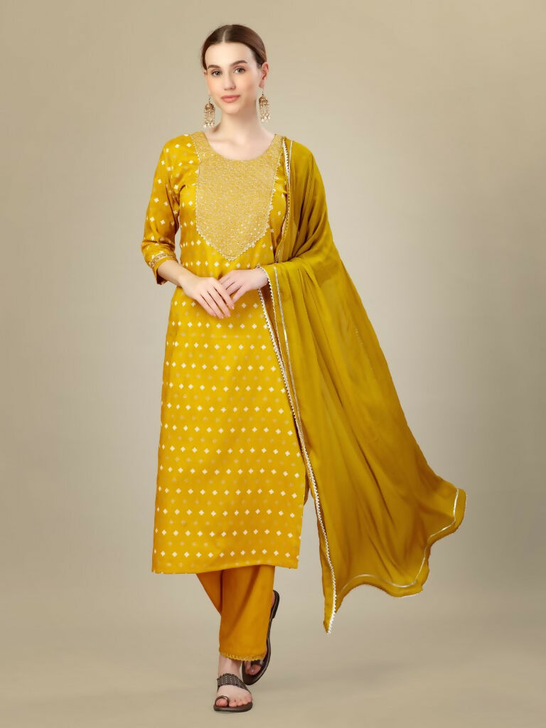Jyoti Fashion Women's Golden Silk Blend Embroidery & Sequence work Kurta with Trouser & Dupatta | Grocsy