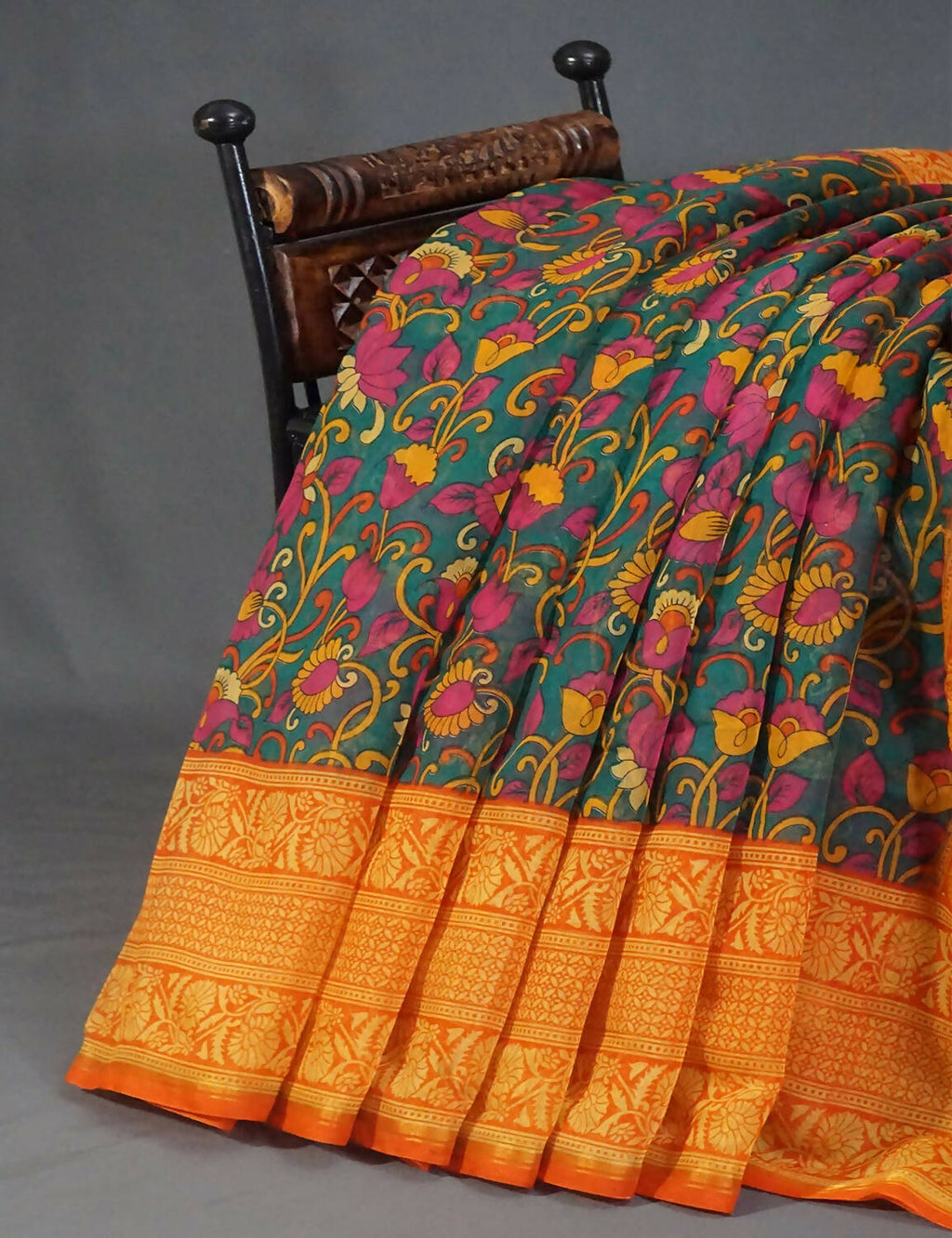 Vibrant Shades Of Green Kalamkaari Design Semi Chanderi Saree With Contrast Blouse By Gayathri Reddy Designer Studio | Grocsy