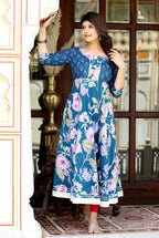 Miravan Women's Jaipuri Flower Printed Blue Anarkali Kurta With Beautiful Border Details | Grocsy