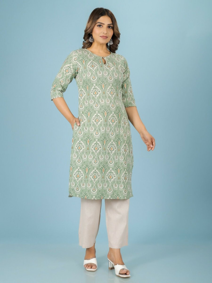 Aramya Green Linen Cotton Ikat Straight Kurta for Women | Grocsy